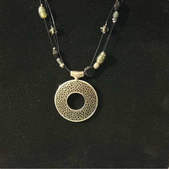 Signed Chicos 3 Strand Glass & 925 Bead Round Leather Inset Pendant Necklace 22” - Picture 2 of 16